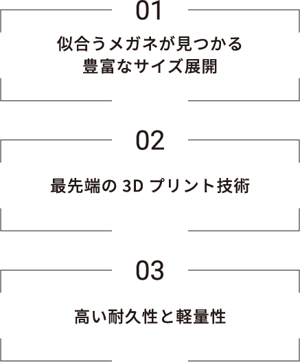 01.似合うメガネが見つかる豊富なサイズ展開 02.最先端の3Dプリント技術 03.高い耐久性と軽量性